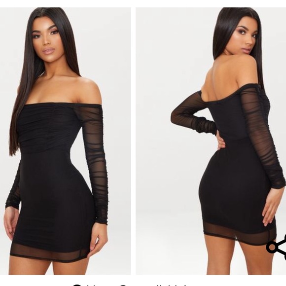 black ruched mesh bardot bodycon dress